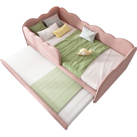 Lit banquette 90x190 velours rose avec lit gigogne et sommier