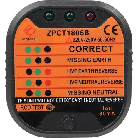 Testeur de prise 220-250 V 1 pièce Boîtier compact en plastique Détection de disjoncteur différentiel et de polarité Dôme de sécurité (1/5)
