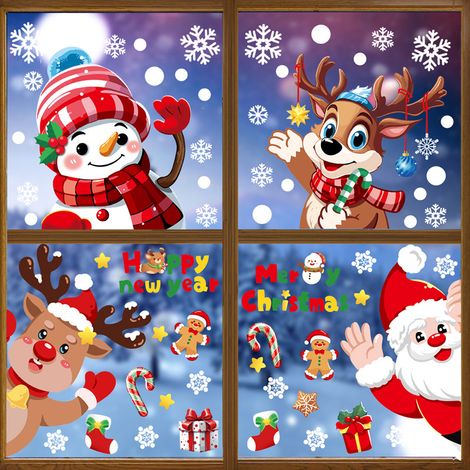 Autocollants Père Noël, décorations de Noël à exporter, autocollants pour portes vitrées, autocollants statiques rennes et bonhommes de neige, autocollants flocons de neige blancs pour fenêtres
