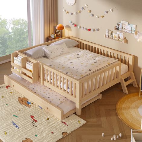 Lit gigogne- lit double adulte 140 x 200 cm avec escalier- garde-corps- étagères- sommier inclus- sans matelas- en MDF et bois- Bois naturel (1/5)