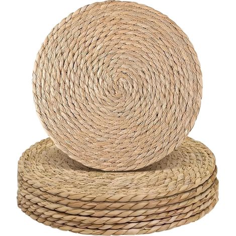 Lot de 6 sets de table ronds tressés nature, antidérapants, en jacinthe d'eau, 33 cm. (1/5)