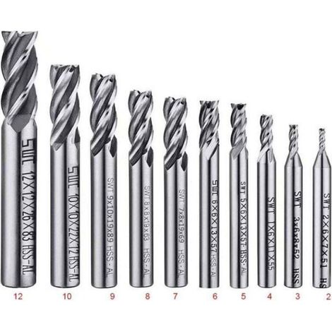 Lot de 10 forets à 4 cannelures - de 2 à 12 mm Fraise en Bout- Ensemble de forets à tige droite HSS CNC pour perceuse - Ensemble (1/2)