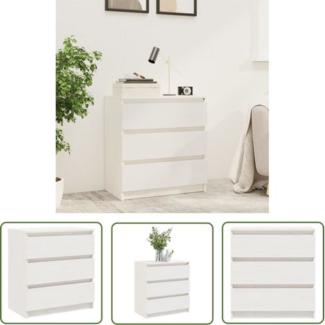 The Living Store Table de chevet Blanc 60x36x64 cm Bois de pin massif - Meuble De Chambre - Table De Chevet - Meuble Blanc - Commode - Tiroir (1/5)