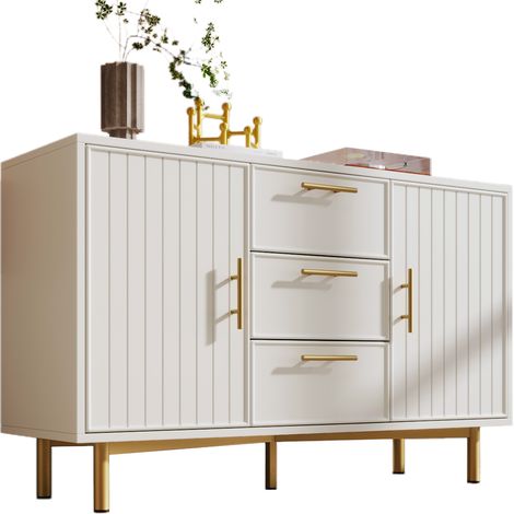 Commode 2 portes et 3 tiroirs, Blanc Commodes à portes avec tiroirs, étagères réglables, pour salon chambre à coucher, Blanc-H75/B120/T40 cm