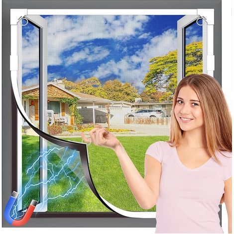 Moustiquaire Fenêtre Magnétique, Fibre de Verre Durable, Auto-Adhésive, Taille Ajustable DIY, Installation Sans Perçage, 120×130 cm, Cadre Blanc & Maille Grise (1/5)