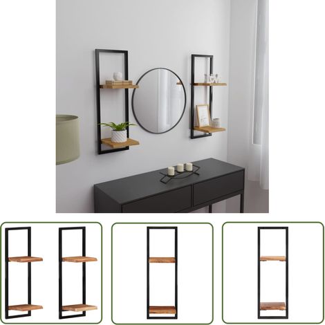 The Living Store Étagères murales 2 pcs 25x25x75 cm Bois d'acacia et acier - Étagères Murales - Étagères En Bois - Étagères Design - Décoration Murale - Rangement Mural (1/5)