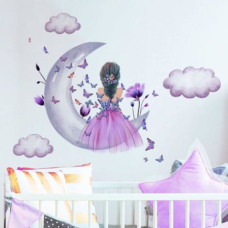 KLVGTIFS PU - Stickers Autocollants Papillon Fille,Lune Nuages Fleur Fée Sticker Mmural, Papillons Décoration Murale pour Fille, Bébé, Chambre (1/5)