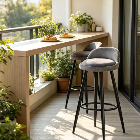 Taburete de bar gris oscuro de terciopelo con asiento acolchado y reposapiés (1/4)