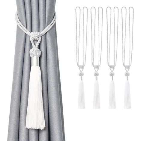 Attaches de rideaux à pompons pour décoration de fenêtre de bureau ou de maison (blanc, lot de 4)