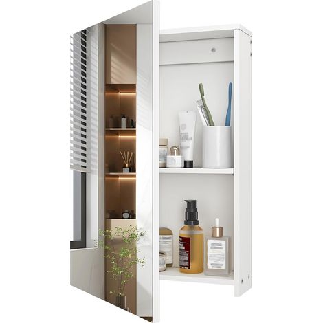 Armoire de Toilette de, Meuble Murale à Miroir de Salle de Bain, Armoire à Pharmacie, Rangement Suspendu, Panneaux réglables, Blanc (1/5)