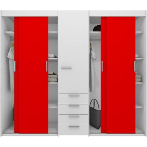 Armadio scorrevole L.225 cm con cassettiera centrale integrata - Bianco e Rosso