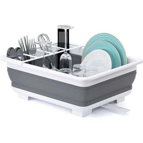 Égouttoir à vaisselle pliable avec porte-ustensiles – Gris, 36,5 × 31 × 12 cm, résistant et antidérapant, idéal cuisine ou camping (1/4)