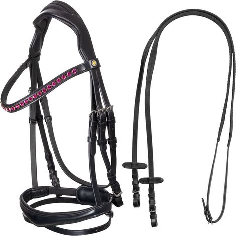 FULL, Nero: Briglia inglese in cuoio con strass fucsia su frontalino (1/5)