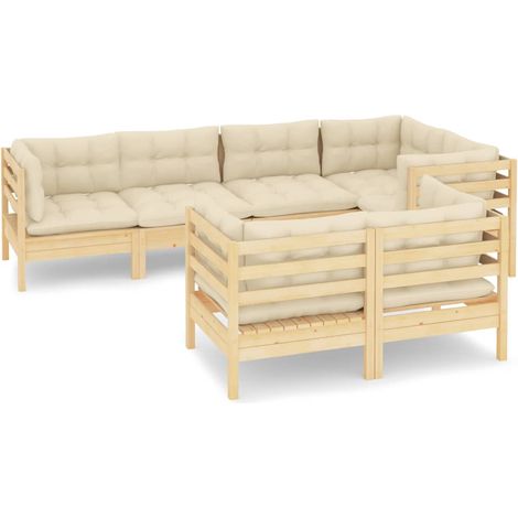INLIFE Salon de jardin 7 pcs avec coussins crème Bois de pin massif (1/5)