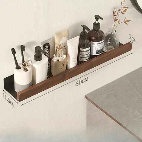 Étagère murale de salle de bain (11,5 x 60 cm), rangement sans perçage, étagères en bois pour salle de bain, étagère de salle de bain sans perçage (1/5)