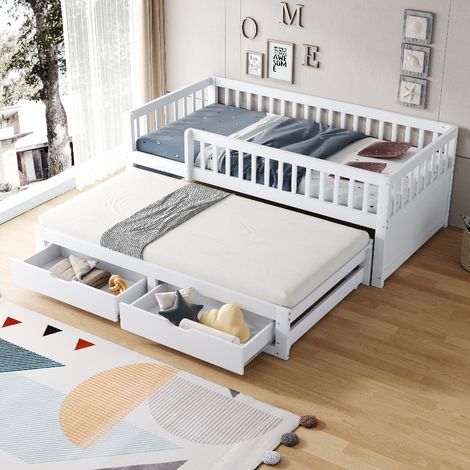 Massivholz Schlafsofa 90x200 cm mit Ausziehbett und 2 Schubladen, Multifunktionales Kinderbett mit Sicherheitsgitter und Lattenrost, Weiß (1/5)