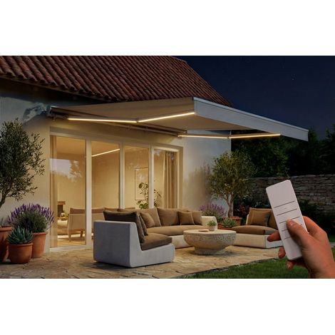 Toldo motorizado LED semicofre FAZZIO 4x3m blanco con tejido beige