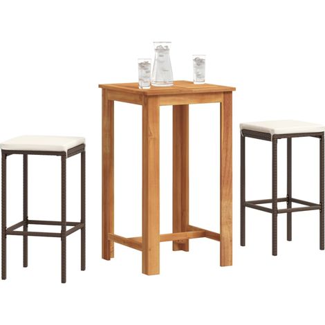 3-tlg. Gartenbar-Set Braun Massivholz Akazie und Poly Rattan