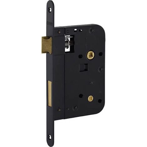 Serratura da incasso per bagno e WC, asta da 70 mm, estremità arrotondate, nero, piastra nera - THIRARD