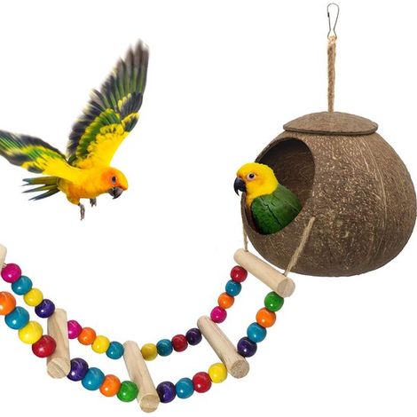 Casetta per uccelli in cocco con scaletta, nido per uccelli realizzato in fibre naturali di cocco, per pappagalli e gazze, giocattolo per uccelli che funge da rifugio. (1/5)