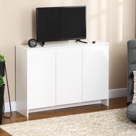 Mobile credenza con 3 ante, ripiani regolabili e chiusura ammortizzata, utilizzabile anche come supporto TV, 120x35x85 cm, colore bianco. (1/5)