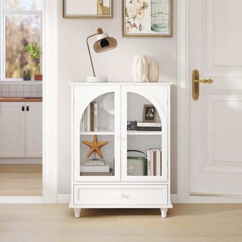 Buffet de cuisine blanc style maison de campagne, portes vitrées cintrées, étagère réglable et 1 tiroir, meuble de rangement pour salle à manger – CHICFURN (1/5)