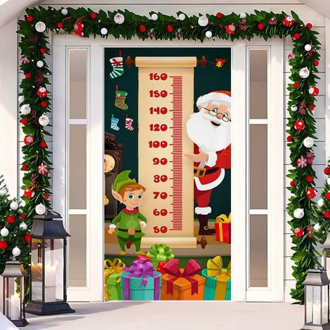 Rideau de porte de Noël 2026, bannière extérieure avec fond photo Père Noël et chien, décoration en tissu à suspendre - 90 x 180 cm (œillets + ruban) - 51