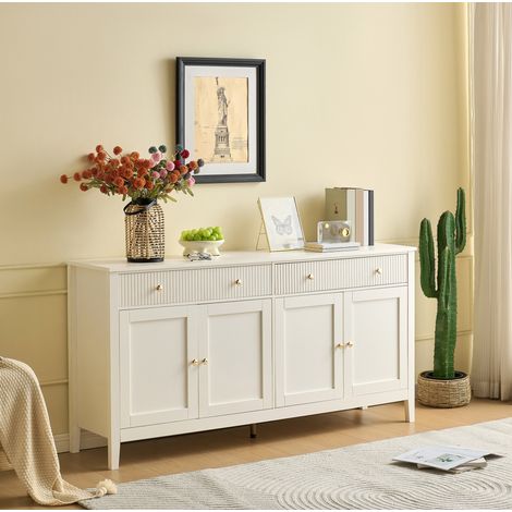 Buffet blanc 160 x 40 x 82 cm avec 2 tiroirs, 4 portes et étagères réglables DESVIAE (1/5)