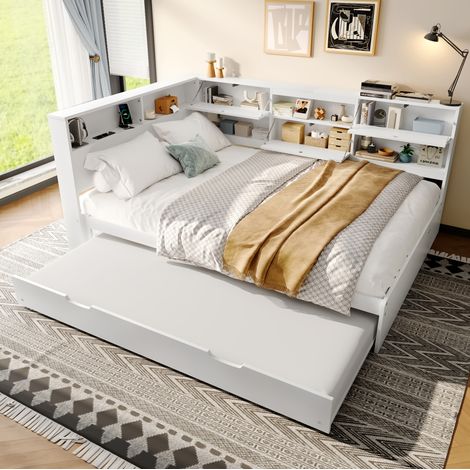 Lit daybed en pin et MDF blanc 140x200 cm avec tête de lit de rangement et lit gigogne (1/5)