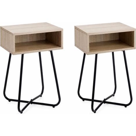 Table de chevet - JUANIO - Table de nuit moderne - Lot de 2 - Effet bois naturel - Structure métal noir (1/4)