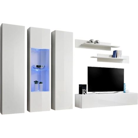 Composizione murale FLY C4 – Mobile TV sospeso, vetrine LED e colonne – Bianco lucido – Design moderno (1/2)