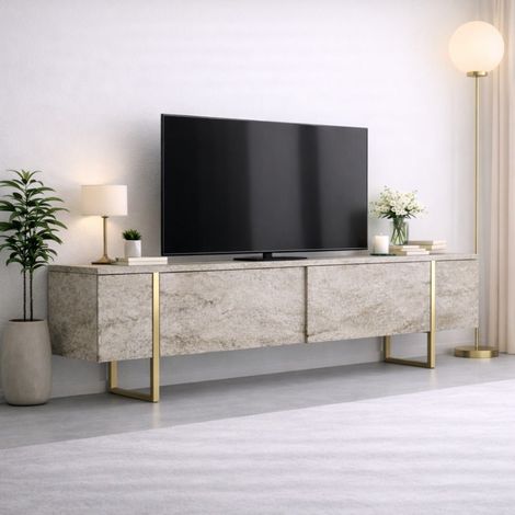 TV-Möbel Travertin Luxus 180x50x30 - Goldener Rahmen