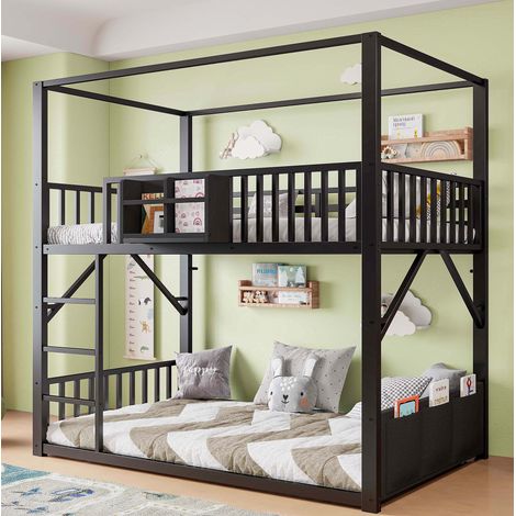 MODFU – Litera infantil 90x200 cm con techo, estante, bolsillo de almacenaje, barandillas de seguridad y estructura metálica – Negro (1/5)