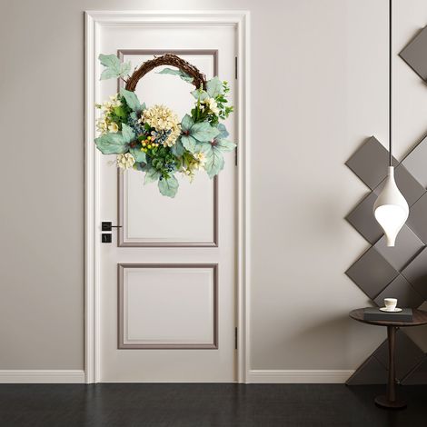 Guirlande décorative printanière eucalyptus et hortensia, suspension murale 40cm, fleurs artificielles en soie et cercle en rotin (1/5)