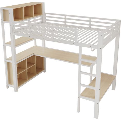 Cama alta 90 x 200 cm con escritorio, perchero y estantes, blanca, sin colchón (1/5)