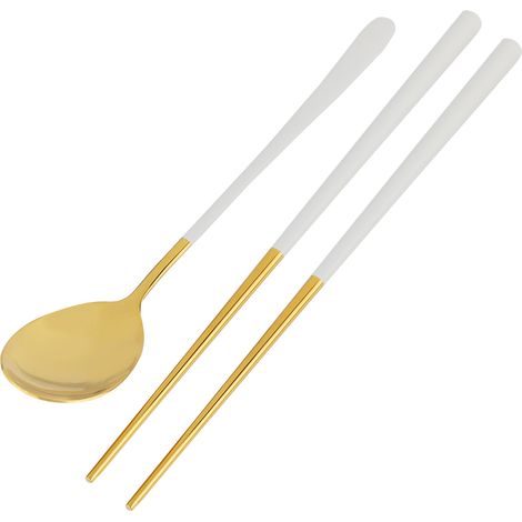 Paire de baguettes et cuillère en acier inoxydable réutilisables, set de vaisselle de table blanc doré (1/5)