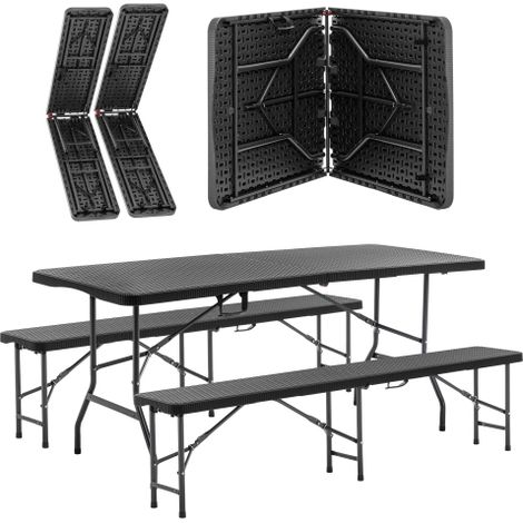 Table de pique-nique pliante de 1,80 m avec 2 bancs, ensemble de camping 3 pièces, plateau en PEHD motif arbre, verrouillage de sécurité, résistant aux UV et à l'eau, noir