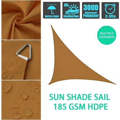 Voile d'ombrage triangulaire pare-soleil, protection UV anti-ultraviolet, résistant à l'oxydation et à l'usure pour terrasse, jardin, pelouse, piscine, carport et patio. (1/5)