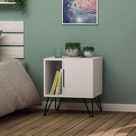 Decortie Glynn Table de chevet moderne avec pieds en épingle à cheveux en métal Table de nuit avec rangement Blanc 50.2cm