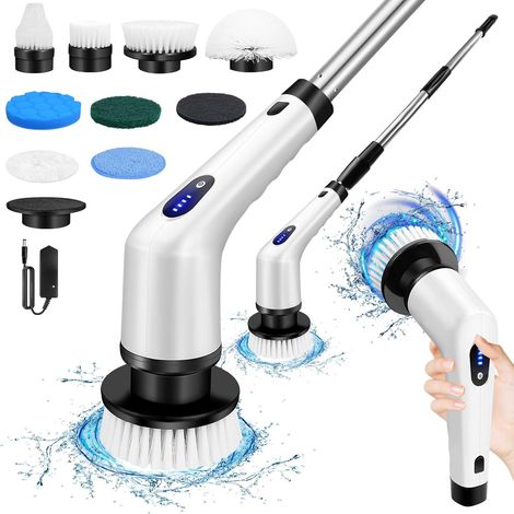 Brosse de nettoyage rotative électrique, conception sans fil, équipée de 9 têtes de brosse et de tiges d'extension réglables, peut être tournée à 360° et la vitesse de 2 vitesses est réglable (1/5)
