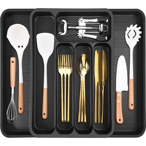 1 pcs Expandable Cutlery Drawer Organizer for Storage, Large Kitchen Drawer Organizer for Kitchen Drawers, Adjustable Cutlery Holders for Knives, Forks, Black