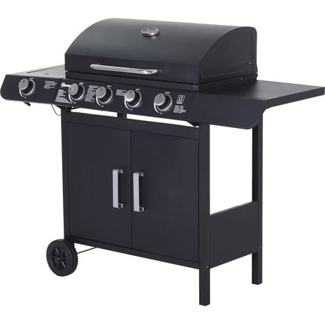 Barbecue à gaz 5 brûleurs avec armadietto et tablettes latérales, acier et PP, noir, L125xP51xH100 cm (1/5)