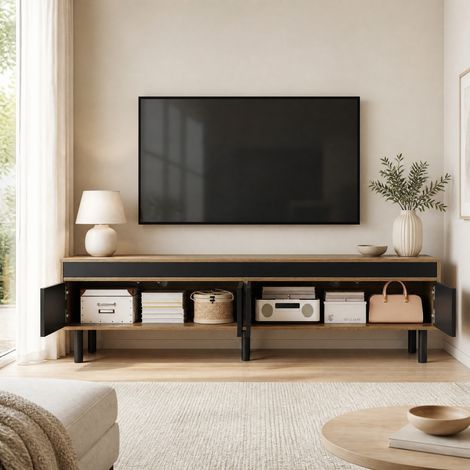 Mobile TV 170 x 38 x 47 cm con 4 ante, apertura a pressione, nero e legno naturale HAVRYA (1/5)