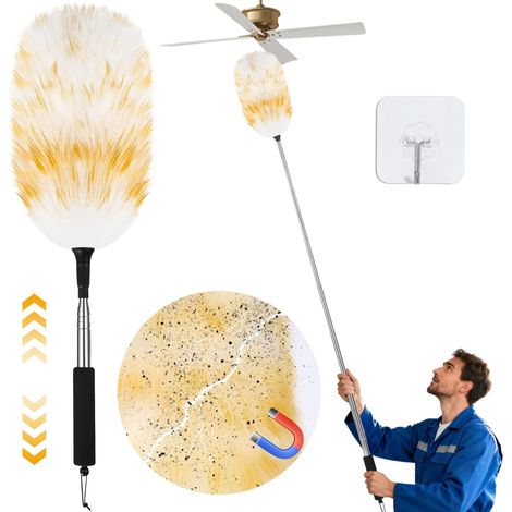 Spolverino telescopico in lana, estensibile fino a circa 135 cm con manico in acciaio inossidabile, spolverino lavabile in lana per soffitti, mobili, persiane, ragnatele (1/5)