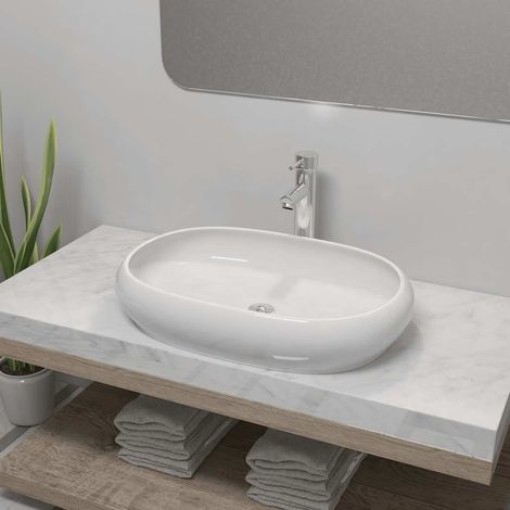 vidaXL Lavabo de baño ovalado con grifo mezclador cerámica blanco (1/4)
