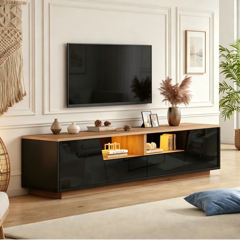Meuble TV 180x40x46 cm avec LED USB, 2 tiroirs et 2 portes, rangement pour salon, noir et bois brillant (1/5)