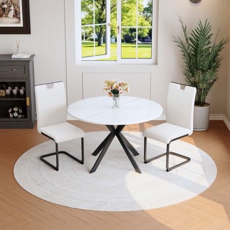 Ensemble de salle à manger avec table ronde en marbre et 2 chaises blanches, ensemble de cuisine moderne en similicuir et structure métallique en porte-à-faux pour salle à manger et cuisine