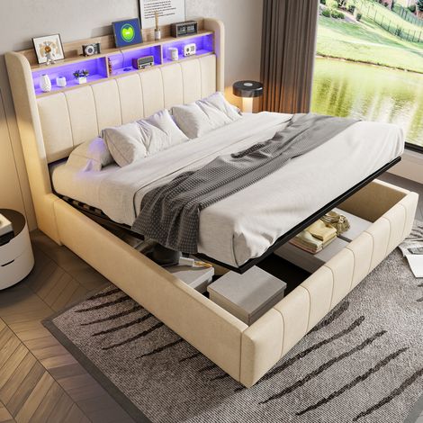 MEUBLIV Polsterbett 160x200 cm Beige – mit LED und Stauraum, ohne Matratze (1/5)