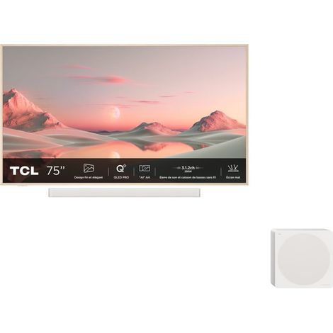 Pack TV QLED Pro TCL 75A300PRO NXTFrame 190 cm 4K UHD 2024 Aluminium brossé + Barre de son 3.1.2ch avec caisson de basses