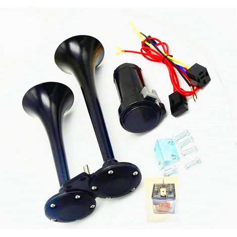 klaxon d'air de voiture 150DB Klaxon à double tube Car Horn Klaxon de camion en chrome zinc noir Trompette camion avec compresseur klaxon en métal pour tout 12V Truck Moto etc (1/5)